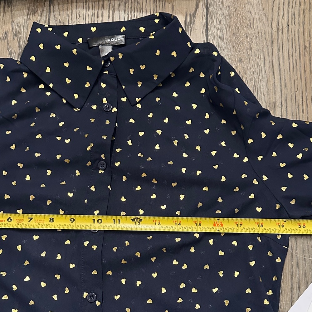 Aqua Navy Button Down Sheet Long-sleeve Shirt with Gold Foil Heart Print - Picture 9 of 11